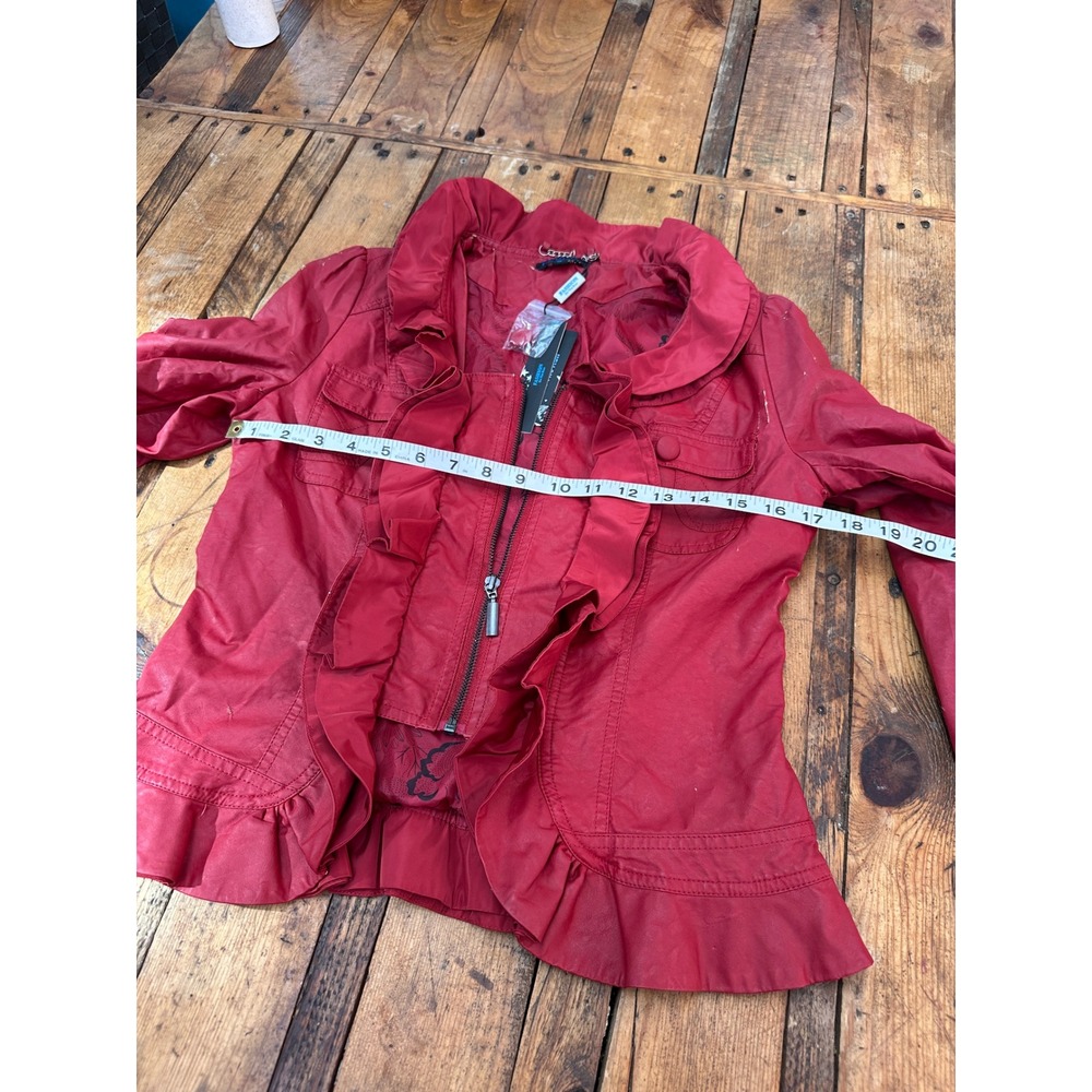 Red Ruffle Faux Leather Jacket Small Moto Biker Cropped Fashion On The Run - Picture 8 of 14